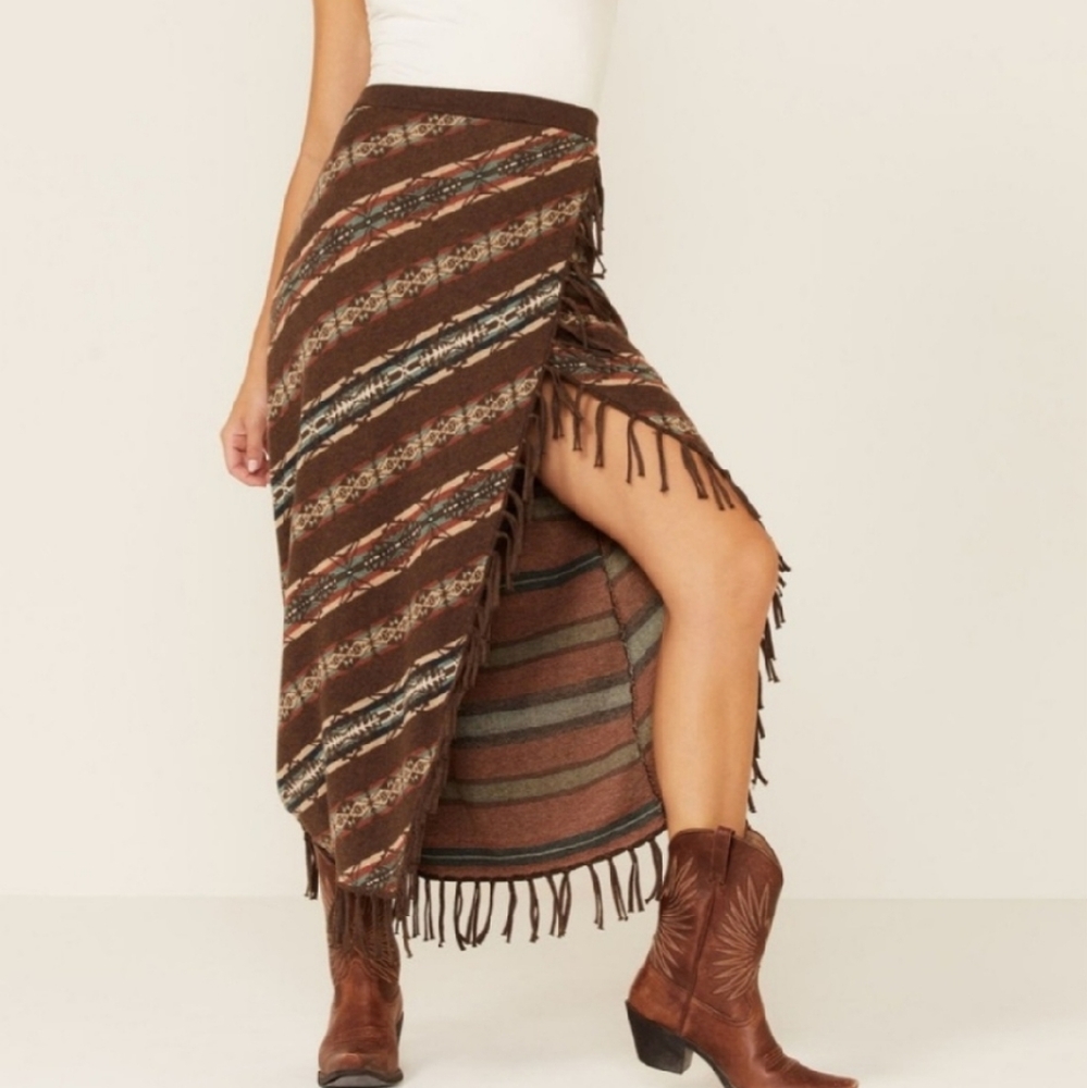 Tasha Polizzi Brown Fringe Midi Skirt